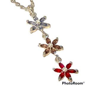 Cubic Zirconia Flower Necklace & Earrings Set Silver Plated 18" Purple Red Blue